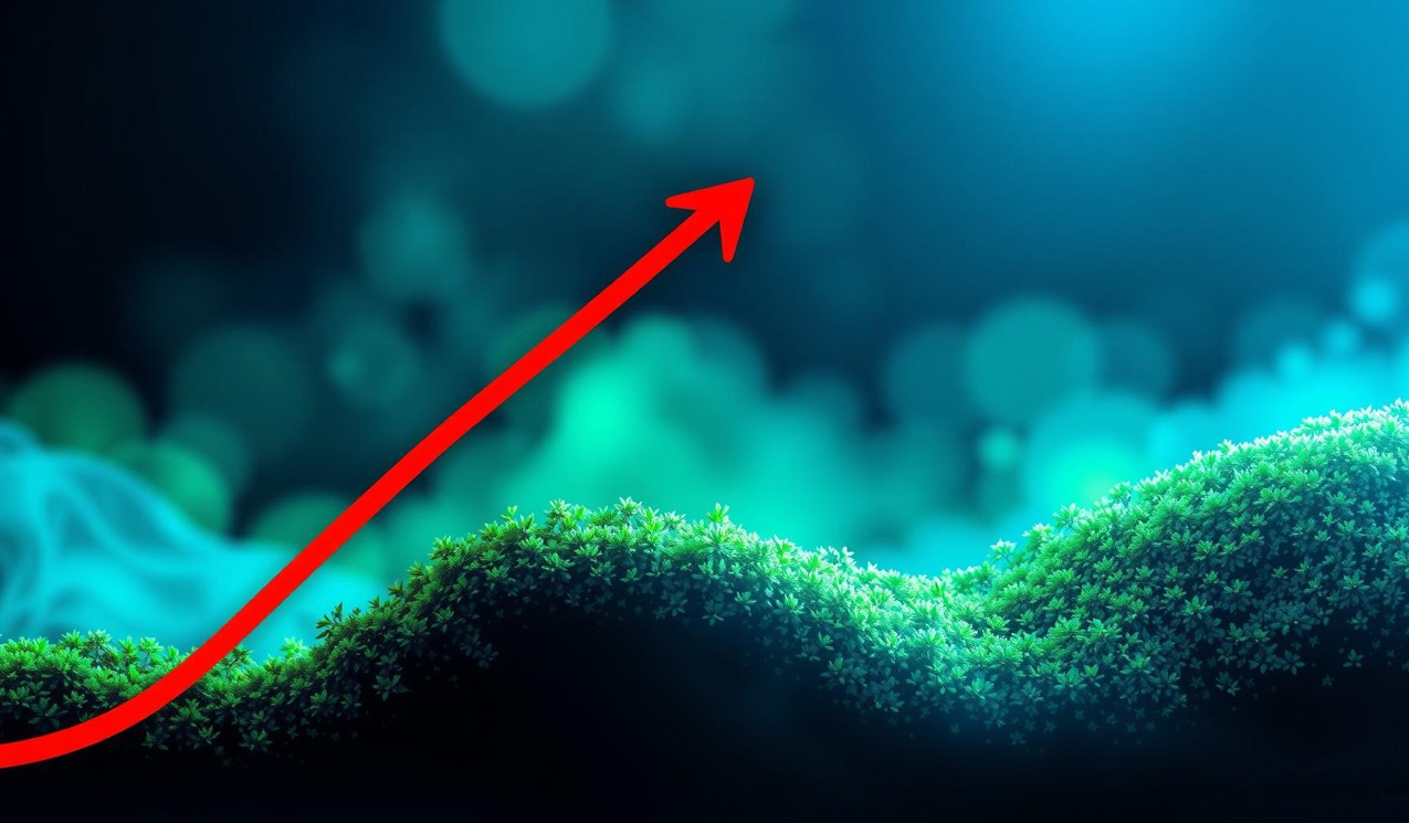 Un grafico che mostra una curva di crescita ascendente, con un fondo di sfumatura blu e verde per rappresentare la tecnologia e la natura.
