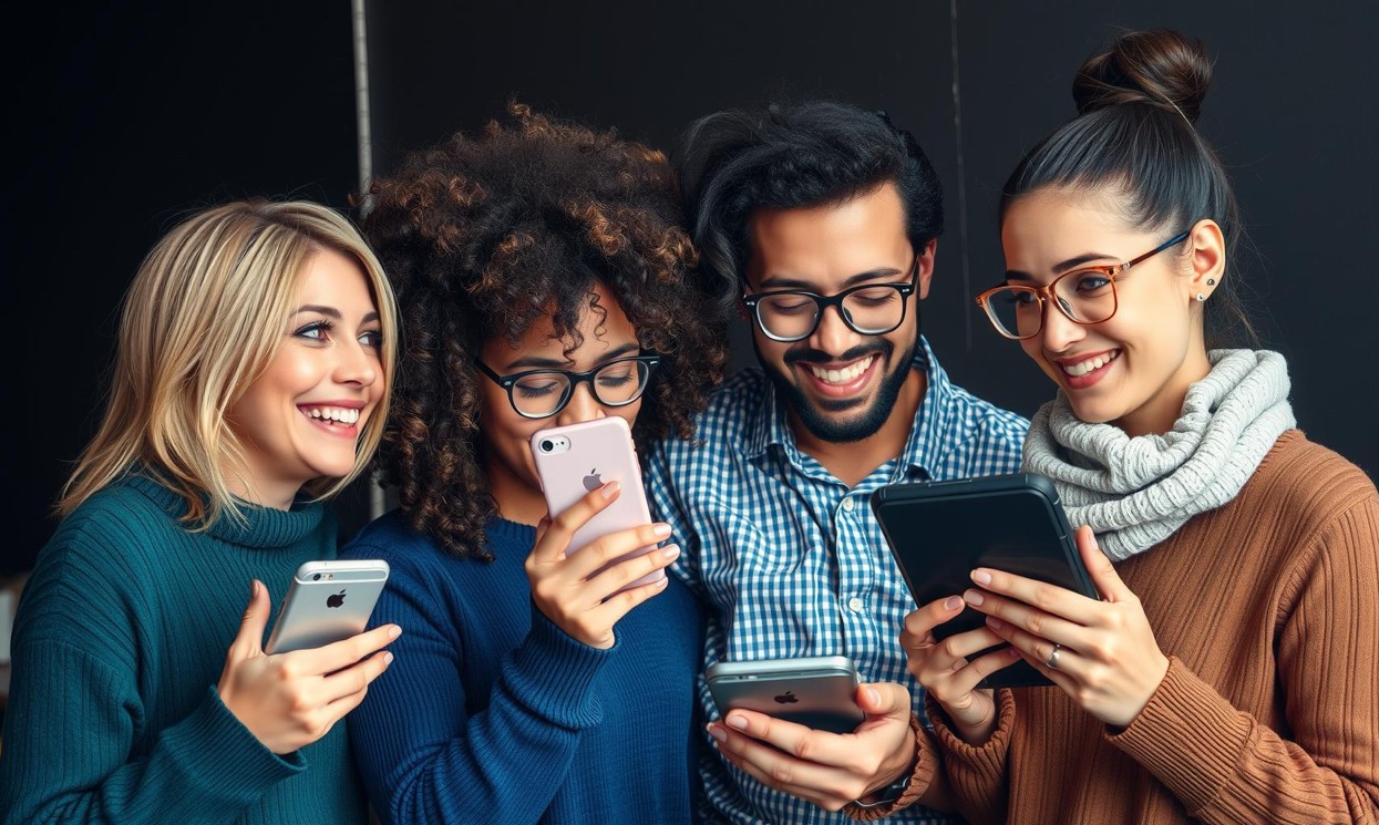 Immagine che mostra la diversità degli utenti online, con persone di età, sesso e cultura diverse che utilizzano dispositivi digitali.