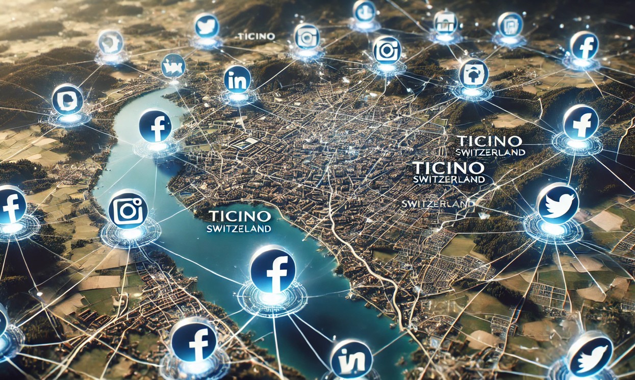 Un'immagine di una mappa del Ticino con icone di social media sovrapposte, a rappresentare la connessione tra la localizzazione geografica e la presenza online