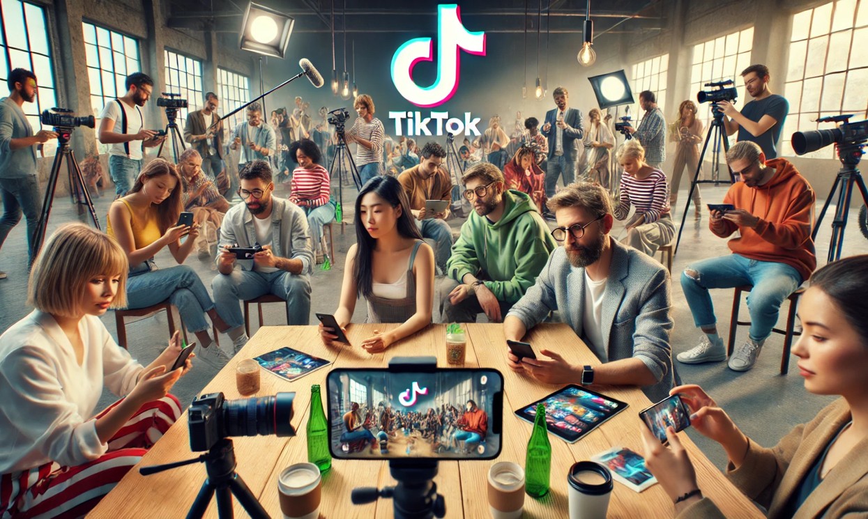 Un gruppo di persone diverse che utilizzano i loro smartphone per creare contenuti su TikTok