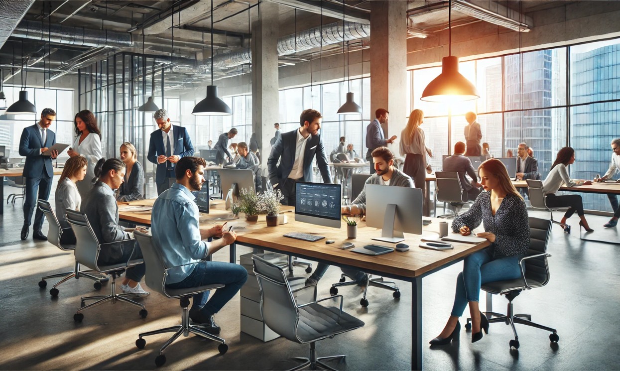 Immagine di persone che lavorano al computer, scrivono, o discutono in meeting, per rappresentare il lavoro di creazione di contenuti e la collaborazione
