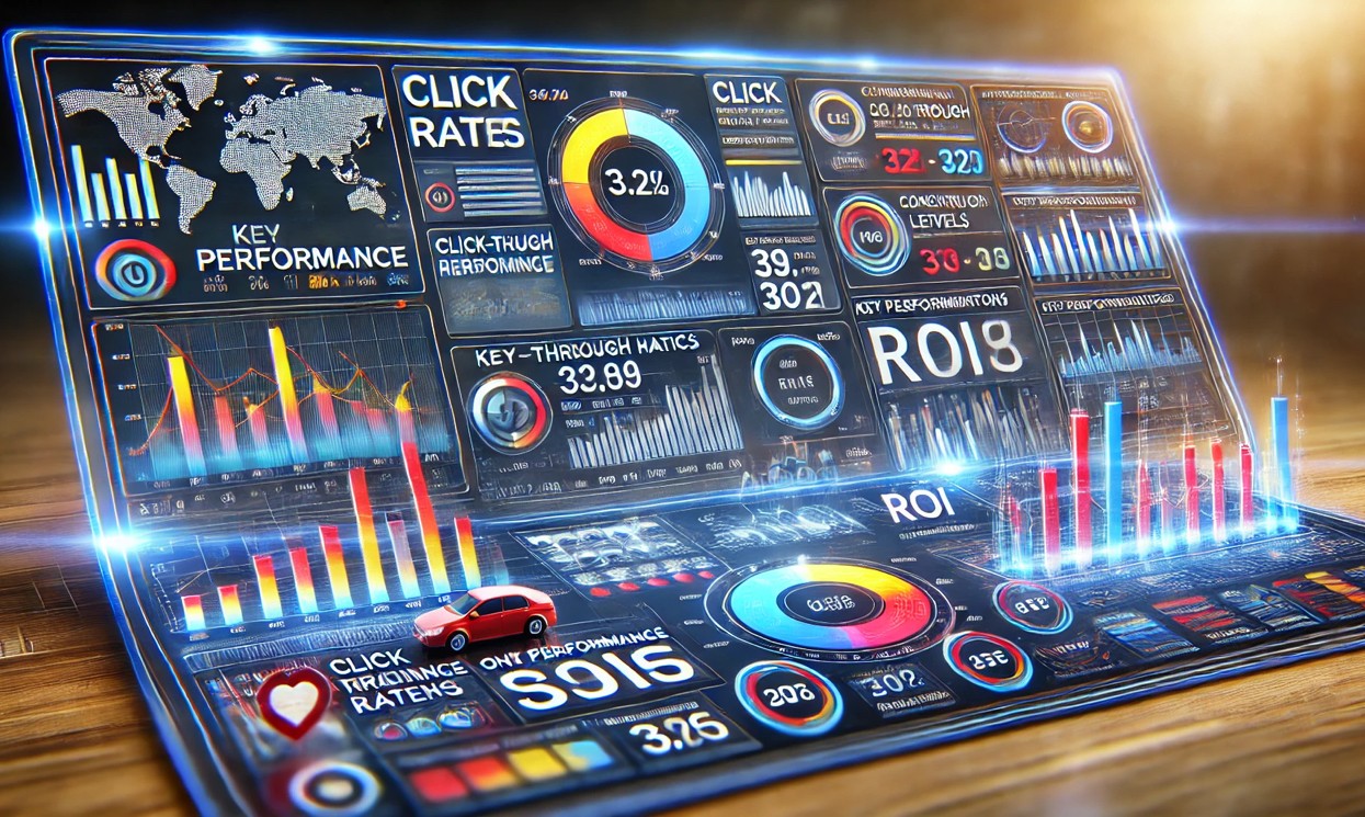 Una rappresentazione visiva di una dashboard di analisi dei dati, con indicatori e grafici che mostrano il successo delle campagne pubblicitarie online.