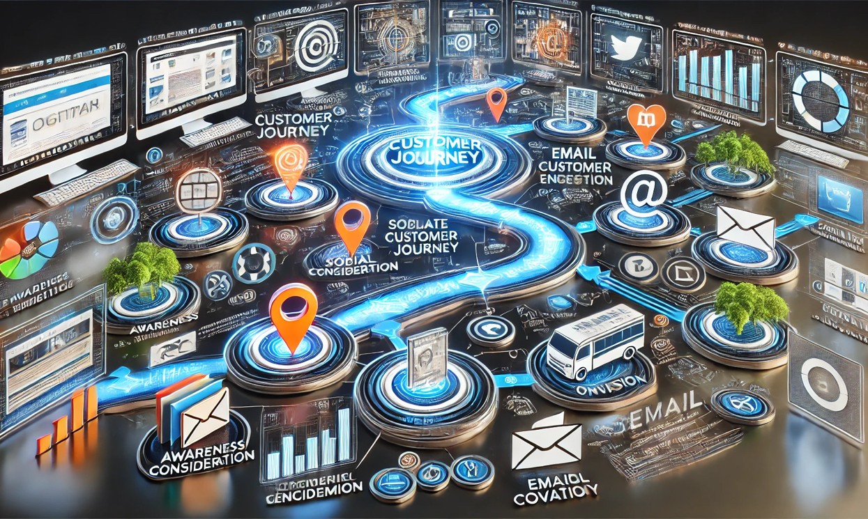 Una mappa che rappresenta il percorso del cliente online, con icone o elementi grafici che simboleggino i diversi touchpoint e le fasi del percorso.