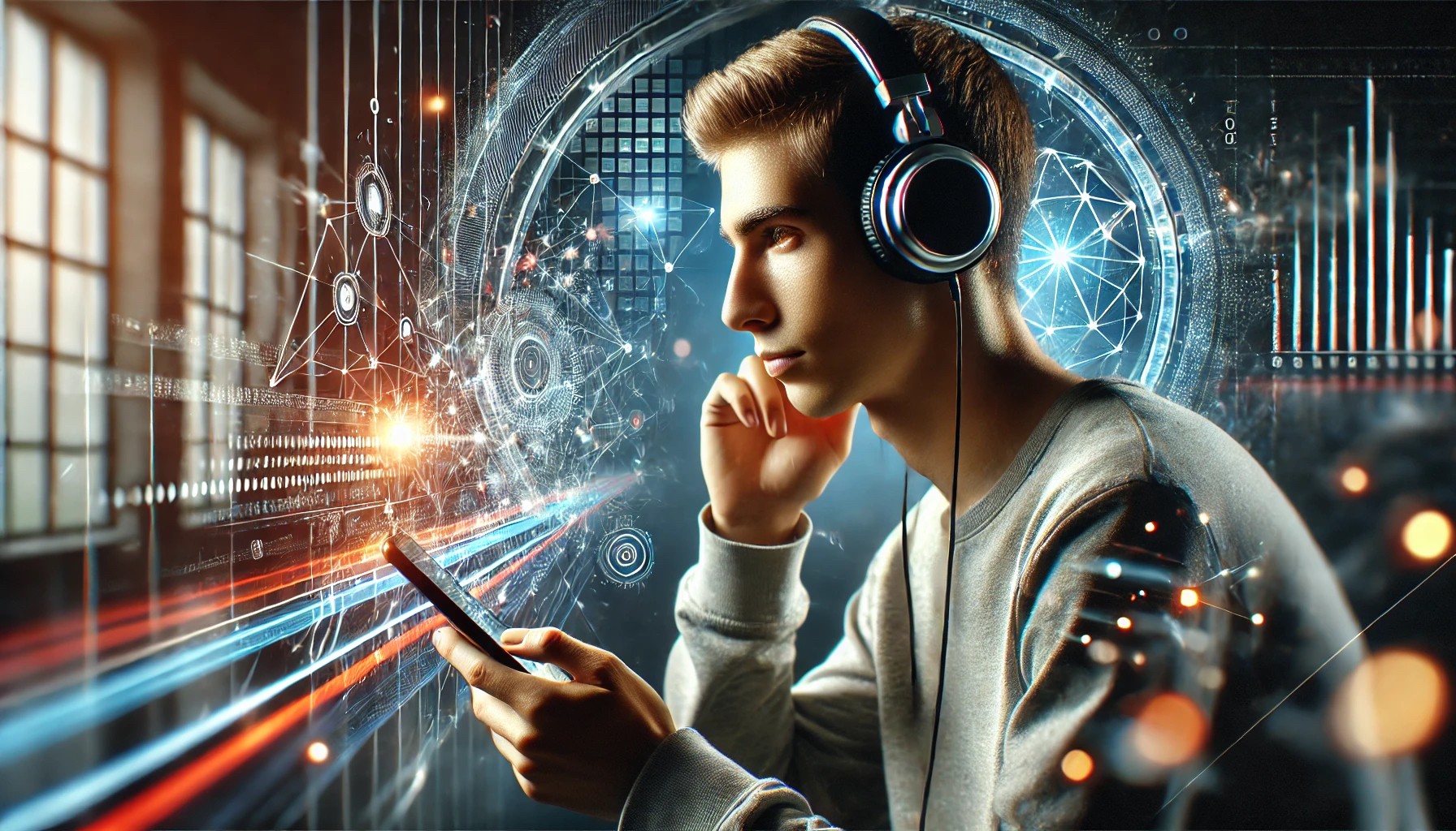 Immagine di una persona che indossa un paio di cuffie e sta ascoltando qualcosa su un dispositivo mobile, con uno sfondo che rappresenta la tecnologia e la connessione.