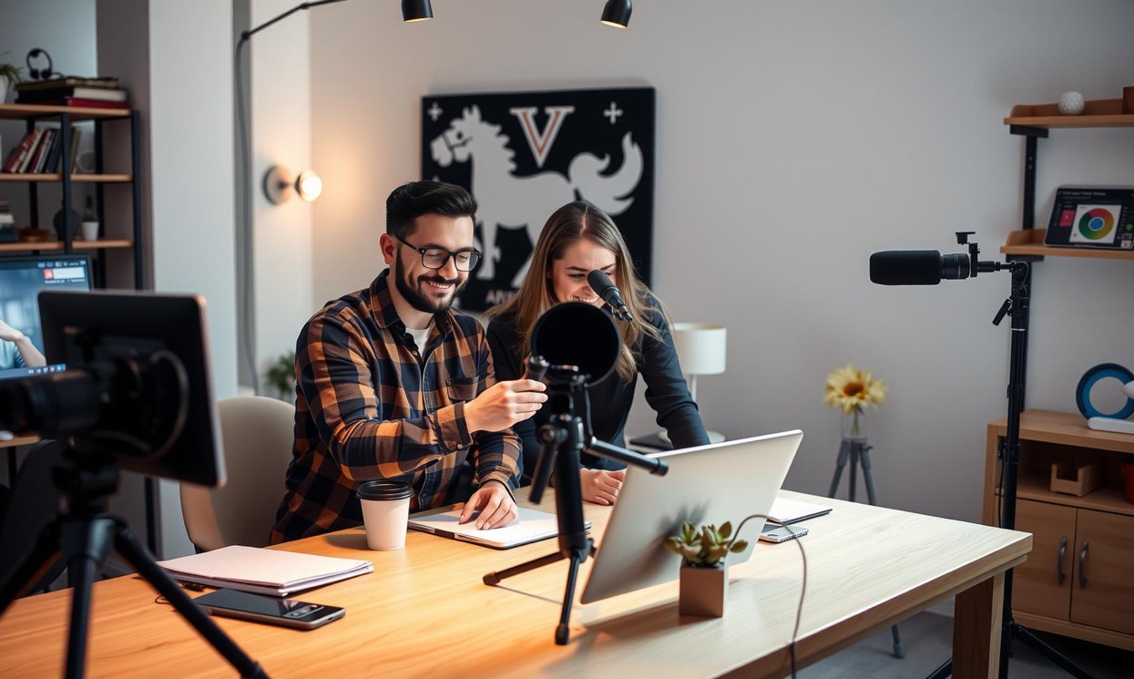 Immagine di un gruppo di persone che lavorano insieme a un progetto di video marketing, con attrezzature come telecamere, luci e microfoni.